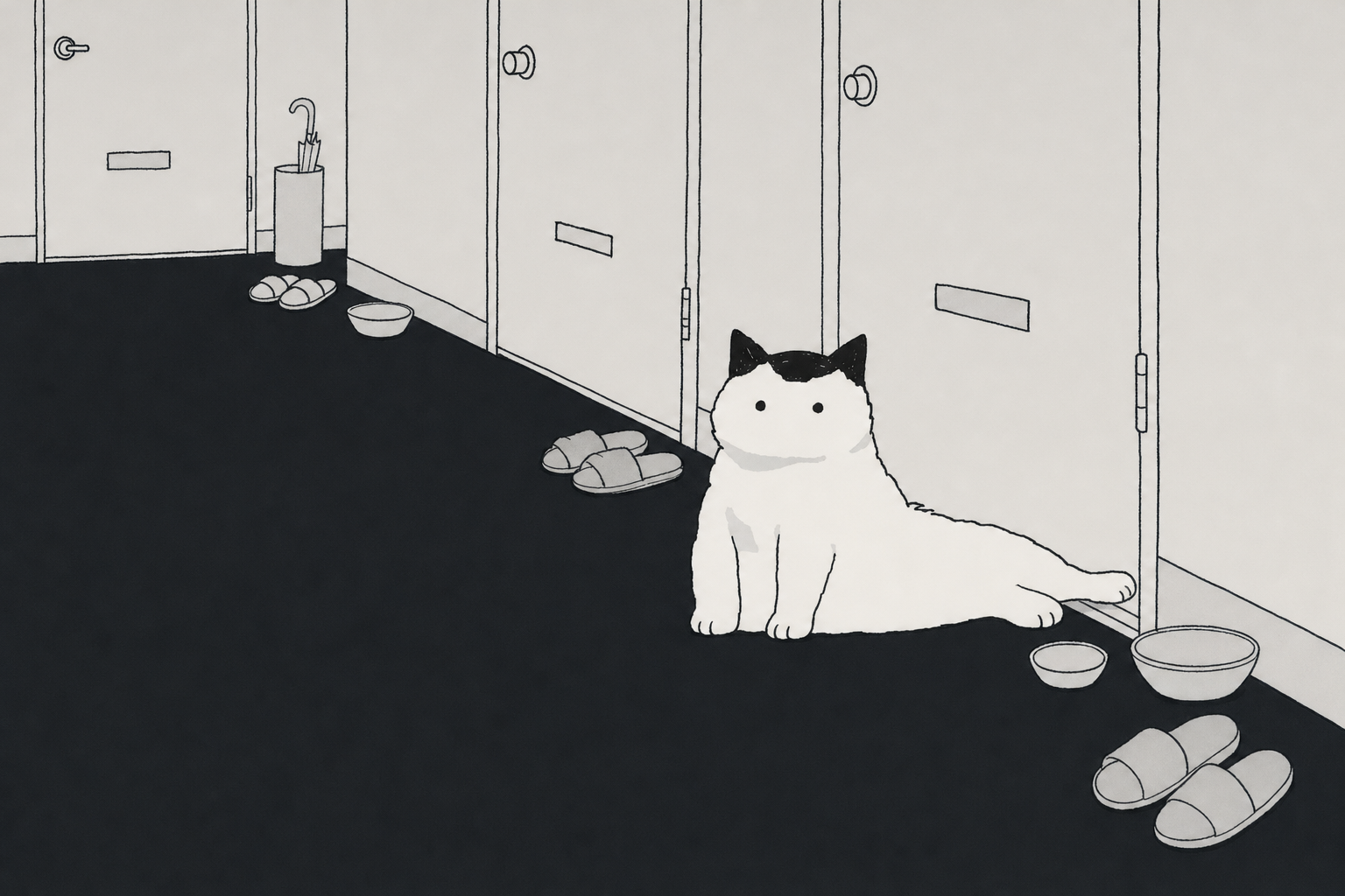 Quantum Cat, a white cat with a black-patched head, lounging in an apartment hallway beside several doors, slippers and food bowls