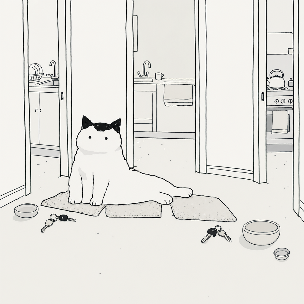 The same cat resting on three overlapping doormats in front of three open kitchen doors, with bowls and keys on the floor